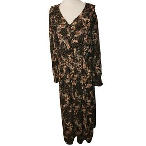 Garnet Hill Cottagecore Floral Maxi Dress Long Sleeve V Neck Size L